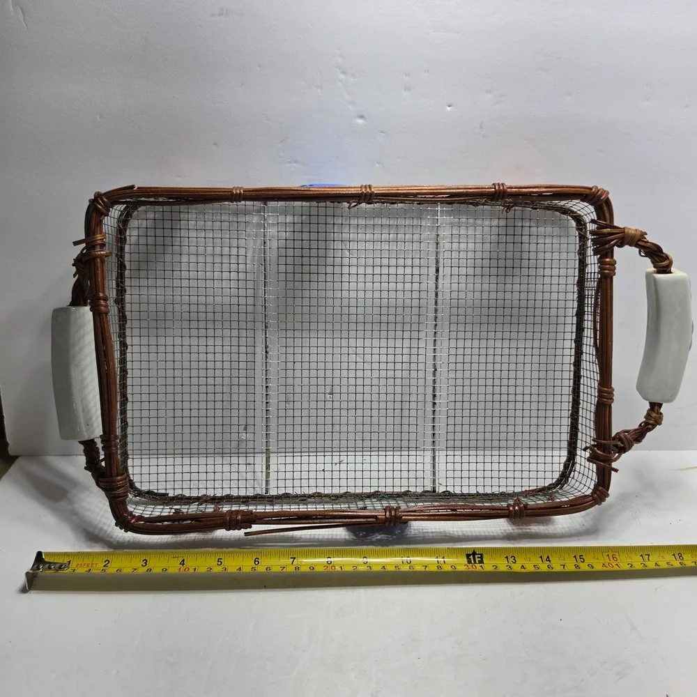 Vintage Rustic Wire Mesh Basket Tray Wicker Rim Ceramic Heart Handles Farmhouse